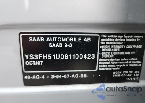 2008 Saab 9-3 Aero from USA, damaged, VIN YS3FH51U081100423